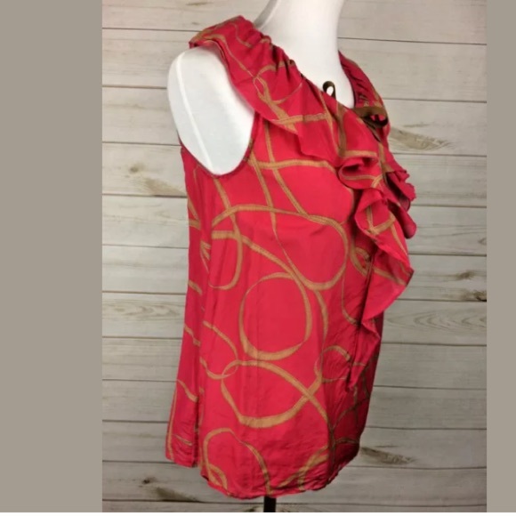 Ann Taylor Loft Women's Hot Pink & Brown Ruffled Tunic Top Sz S - Picture 5 of 9